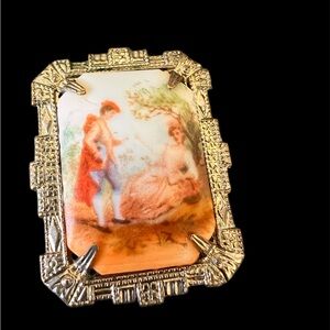 Antique Edwardian painted silvertone brooch 1”